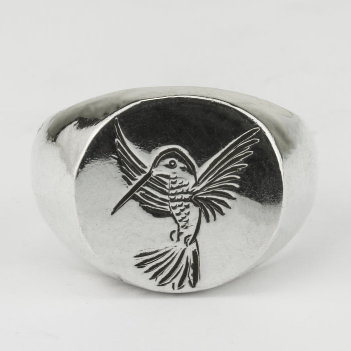 Engraved Hummingbird Signet Ring